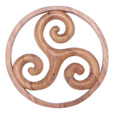Wood relief panel, 'Tree Worlds' - Suar Wood Relief Panel with Hand-Carved Triskelion Symbol