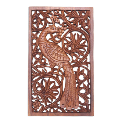 Wood relief panel, 'Blooming Peacock' - Hand-Carved Suar Wood Leafy Relief Panel with Peacock