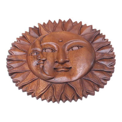 Wood relief panel, 'Divine Universe' - Hand-Carved Suar Wood Relief Panel with Sun and Moon Design