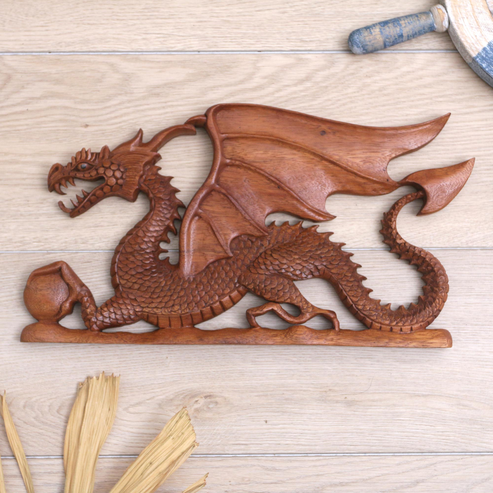 Hand-Carved Suar Wood Relief Panel with Dragon, 'Ancestral Dragon