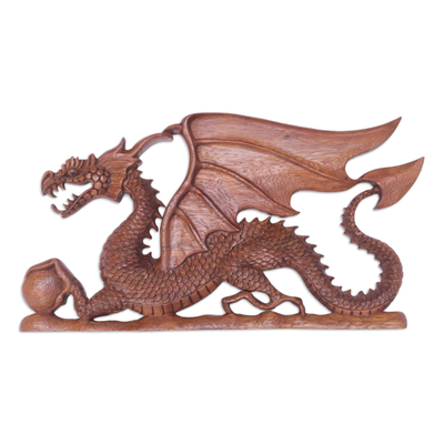 Wood relief panel, 'Ancestral Dragon' - Hand-Carved Suar Wood Relief Panel with Dragon