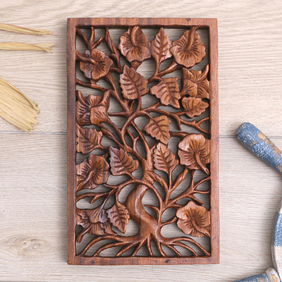 Wood relief panel, 'Spring Tree' - Hand-Carved Suar Wood Relief Panel with Leafy Design