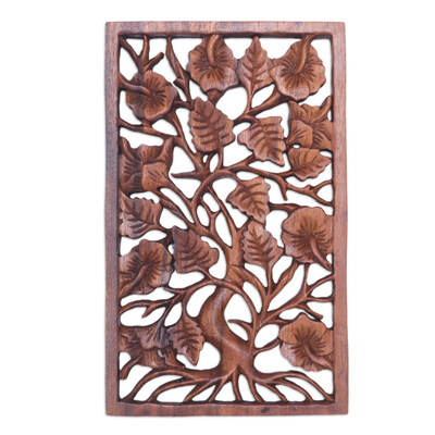 Wood relief panel, 'Spring Tree' - Hand-Carved Suar Wood Relief Panel with Leafy Design