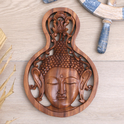 Wood relief panel, 'Buddha Lotus' - Hand-Carved Suar Wood Buddha Relief Panel with Lotus Flower
