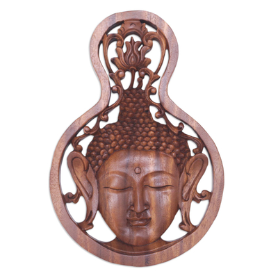 Wood relief panel, 'Buddha Lotus' - Hand-Carved Suar Wood Buddha Relief Panel with Lotus Flower