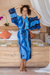 Rayon batik robe, 'Cerulean Ocean' - Rayon Batik Robe with Blue Abstract Pattern Crafted in Bali (image 2) thumbail