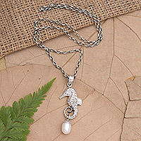 Cultured pearl pendant necklace, 'Lovely Seahorse'