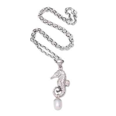 Sterling Silver and Cultured Pearl Seahorse Pendant Necklace