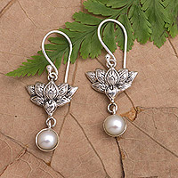 Cultured pearl dangle earrings, 'Heart-Conquering Lotus' - Sterling Silver and Cultured Pearl Lotus Dangle Earrings