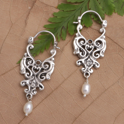 Cultured pearl hoop earrings, 'White Soul' - Sterling Silver and Cultured Pearl Hoop Earrings with Swirls
