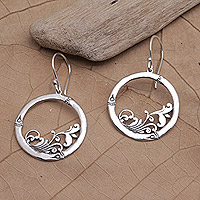 Sterling silver dangle earrings, 'Enchanted Circle' - Round Sterling Silver Dangle Earrings with Leaf Motifs