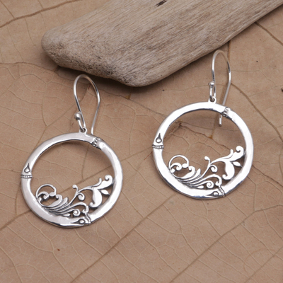 Sterling silver dangle earrings, 'Enchanted Circle' - Round Sterling Silver Dangle Earrings with Leaf Motifs