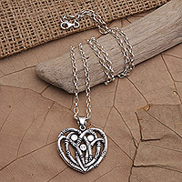 Collar colgante de plata esterlina - Collar con Colgante Corazón de Plata de Ley con Motivos de Bambú