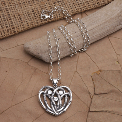 Collar colgante de plata esterlina - Collar con Colgante Corazón de Plata de Ley con Motivos de Bambú