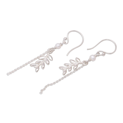 Cultured pearl dangle earrings, 'Live by the Leaf' - Sterling Silver and Grey Cultured Pearl Dangle Earrings