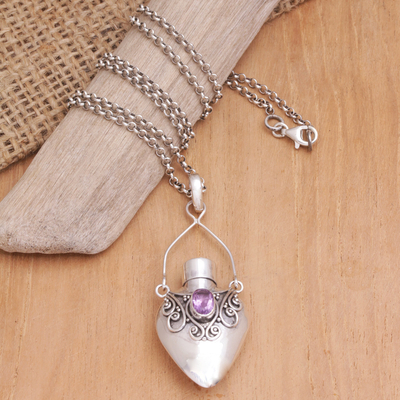 Amethyst pendant necklace, 'Luxurious Aroma' - Sterling Silver Amethyst Necklace with Bottle Pendant