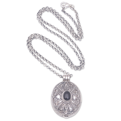 Onyx locket necklace, 'Vital Stone' - Onyx Locket Necklace with Traditional Balinese Motifs