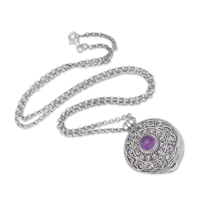 Amethyst locket necklace, 'Amethyst Memories' - Sterling Silver Amethyst Locket Necklace from Bali