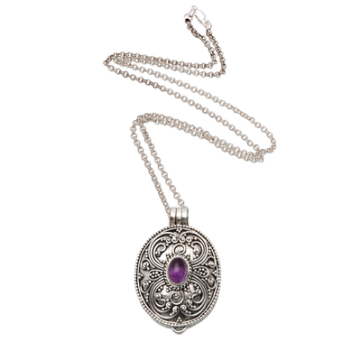 Amethyst locket necklace, 'Spring Vibes' - Oxidized Sterling Silver Locket Necklace with Amethyst Stone