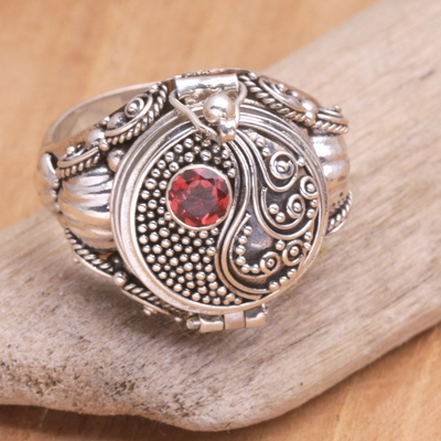 Garnet locket ring, 'Precious Swirl' - Sterling Silver Garnet Locket Ring from Bali
