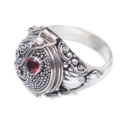 Garnet locket ring, 'Precious Swirl' - Sterling Silver Garnet Locket Ring from Bali
