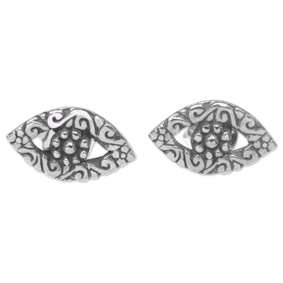 Sterling Silver Eye Button Earrings with Balinese Details