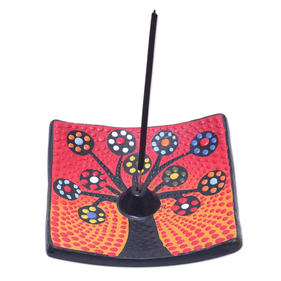 Ceramic incense holder, 'Vibrant Sapling' - Ceramic Incense Holder Hand-painted in Indonesia