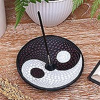 Ceramic incense holder, 'Yin Yang' - Yin Yang Ceramic Incense Holder Hand-painted in Indonesia