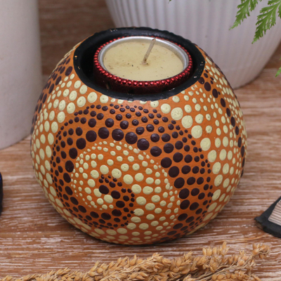 Ceramic tealight candle holder, 'Pondering About You' - Ceramic Tealight Candle Holder Hand Painted in Indonesia