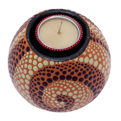 Ceramic tealight candle holder, 'Pondering About You' - Ceramic Tealight Candle Holder Hand Painted in Indonesia