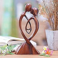 Wood statuette, 'Heart at Your Fingertips' - Abstract Lovers Wood Statuette Hand Carved in Indonesia