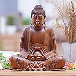 Hand-Carved Suar Wood Buddha Sculpture with Mudra Gesture, 'Dhyana Mudra'