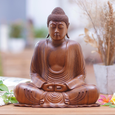 Wood sculpture, 'Dhyana Mudra' - Hand-Carved Suar Wood Buddha Sculpture with Mudra Gesture
