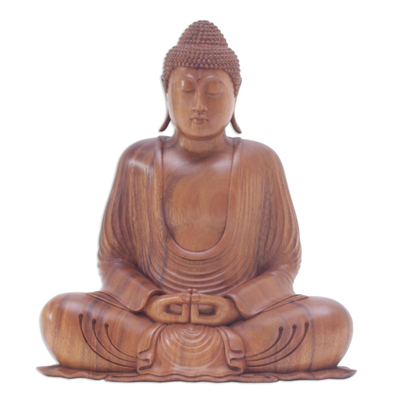Escultura de madera - Escultura de Buda de madera de suar tallada a mano con gesto de Mudra