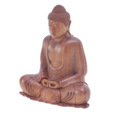 Wood sculpture, 'Dhyana Mudra' - Hand-Carved Suar Wood Buddha Sculpture with Mudra Gesture