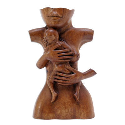 Wood sculpture, 'Maternal Affection' - Suar Wood Brown Sculpture with Hand-Carved Tender Scene