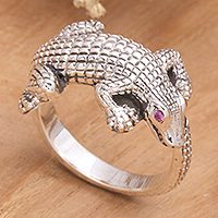 Herren-Amethyst-Ring, „Angry Crocodile“ – Herren-Krokodil-Ring aus Amethyst und Sterlingsilber aus Bali