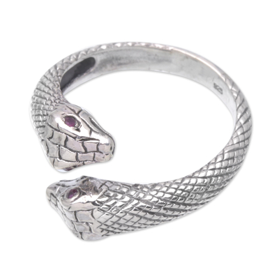 Men's amethyst ring, 'Honeymoon Snake' - Men's Amethyst and Sterling Silver Snake Ring from Bali