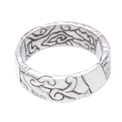 Sterling silver band ring, 'The Ocean' - Balinese Men's Sterling Silver Band Ring with Wave Motif