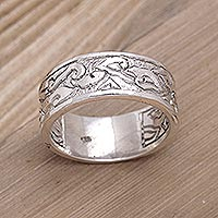 Men's sterling silver band ring, 'Luminous Wave' - Men's Sterling Silver Band Ring with Wave Pattern