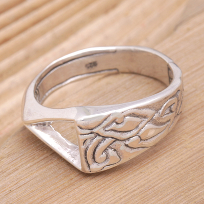 Sterling silver band ring, 'Elegant Fog' - Unisex Sterling Silver Band Ring with Combination Finish