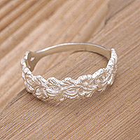 Sterling silver band ring, 'Snow Flower' - Leaf Motif Sterling Silver Band Ring Crafted in Bali