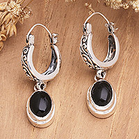 Onyx dangle earrings, 'Dark Beautiful Lady' - Balinese Sterling Silver Dangle Earrings with Onyx Stones