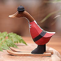 Escultura en madera, 'Pato Papá Noel' - Escultura en madera de bambú y teca con pato navideño