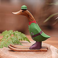Wood sculpture, 'Elf Duck' - Bamboo and Teak Wood Sculpture with Elf Duck