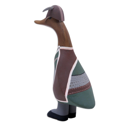 Wood sculpture, 'Viking Duck' - Bamboo and Teak Wood Duck Sculpture in Viking Garments