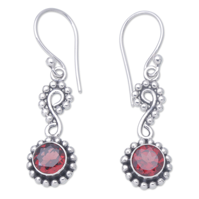 Garnet dangle earrings, 'Carmine Eyes' - Sterling Silver Dangle Earrings with Faceted Garnet Stones
