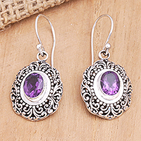 Amethyst dangle earrings, 'Purple Medallion of Bali' - Balinese Sterling Silver Dangle Earrings with Amethyst Gems