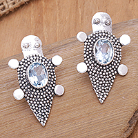 Blue topaz button earrings, 'Heaven's Tortoise' - Sterling Silver Blue Topaz Tortoise Button Earrings