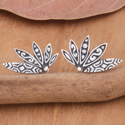 Sterling silver button earrings, 'Blooming Lady' - Sterling Silver Button Earrings with Traditional Motifs